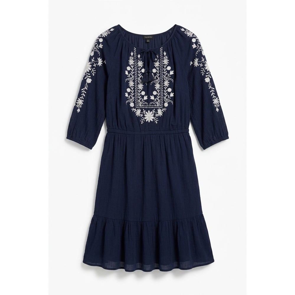 Talbots Petite Navy Blue Embroidered Cotton Gauze Peasant Dress LP Tassel Boho